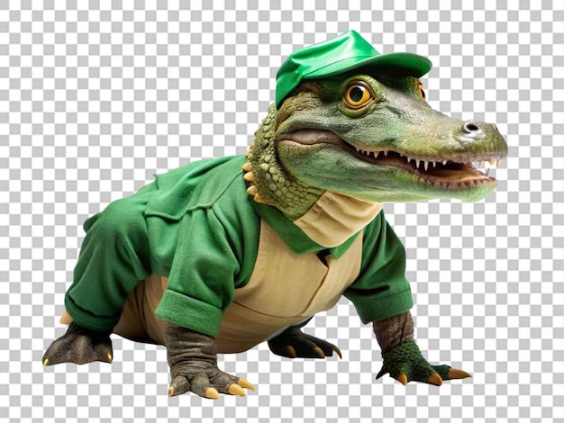 PSD alligator in delivery costume animal green represe on transparent background