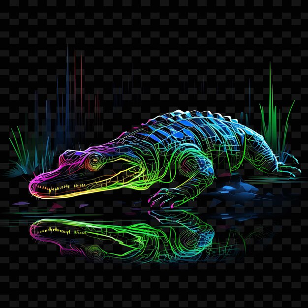 PSD alligator marshland mystery angular neon lines moss jaws on png y2k shapes transparent light arts