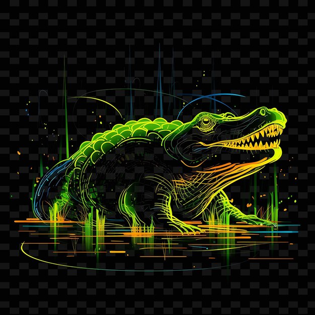 PSD alligator marshland mystery angular neon lines moss jaws on png y2k shapes transparent light arts