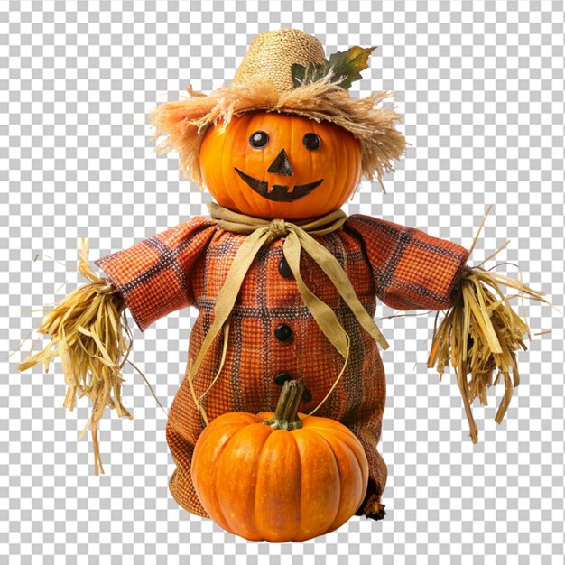 PSD alloween scarecrow with pumpkins vector illustration isolated transparent background