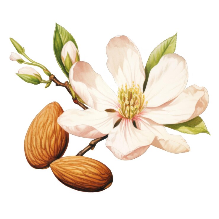 PSD 杏仁花和坚果 - - 一个精致的植物学插图