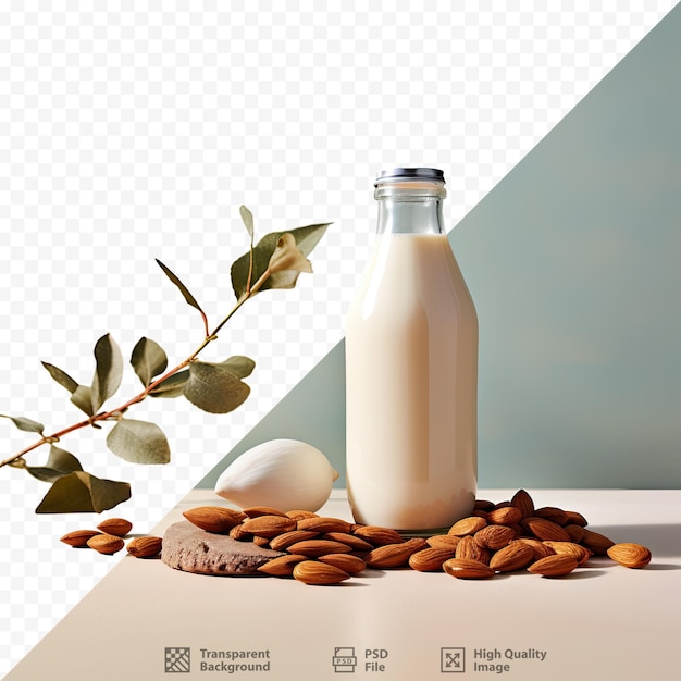 PSD almond milk and nuts on transparent background