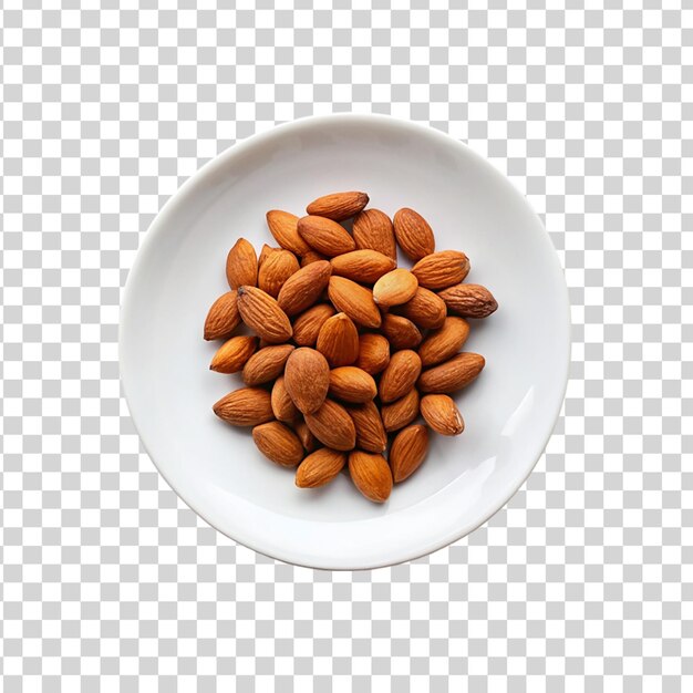 Almonds on white plate isolated on transparent background