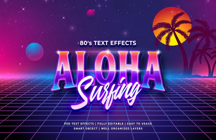 PSD aloha surfing 80's retro text effect 
