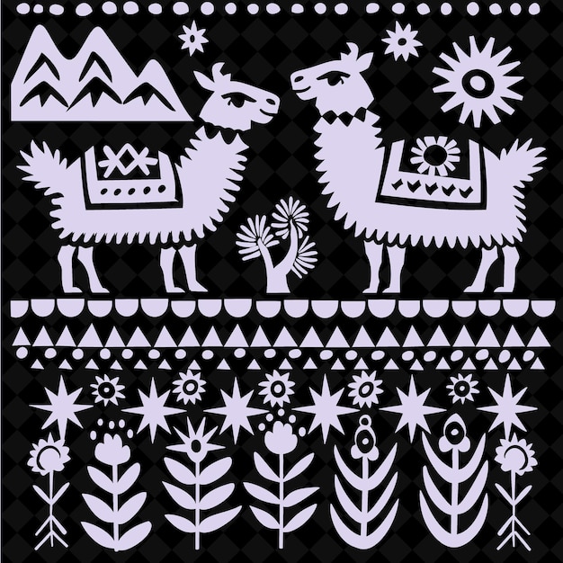 PSD alpaca folk art with peruvian patterns and mountain ranges f creative outline art frame collection