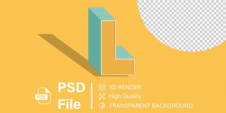 PSD alphabet 3d letter l yellow color isolated on transparent background
