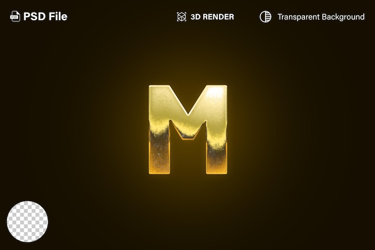 Alphabet 3D letter M golden effect isolated on transparent background