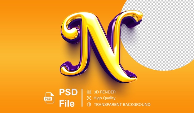 Alphabet 3D letter N Heldergele en paarse kleur geïsoleerd op transparante achtergrond