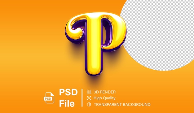 알파 3D 글자 P 투명한 배경에 고립 된 밝은 노란색과 보라색 색상