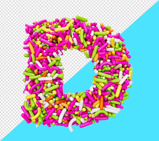 PSD alphabet d made of colorful sprinkles letter d rainbow sprinkles 3d illustration