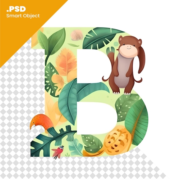 アルファベット b 可愛い猿と熱帯の葉ベクトルイラスト psd テンプレート