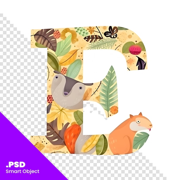 PSD alphabet letter e with cute animals and tropical leaves vector illustration psd template