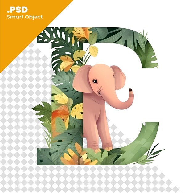 Alphabet letter e with cute elephanttropical leaves and monstera vector illustration psd template