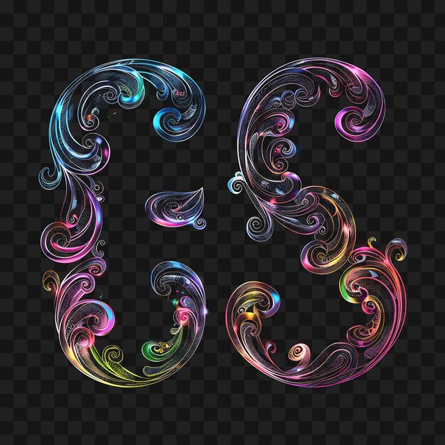 PSD alphabet letter g ornamented with swirling neon curlicues coordinated y2k collage glow outline art