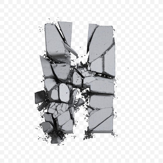 Alphabet letter h made of broken concrete block 3D illustration isolated