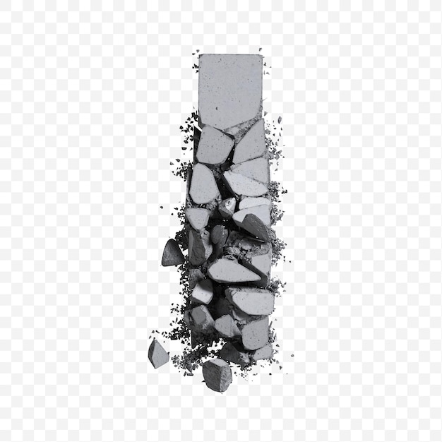 Alphabet letter i made of broken concrete block 3D illustration isolated