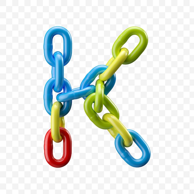 Alphabet letter k made of colored chain. 3D illustration isolated