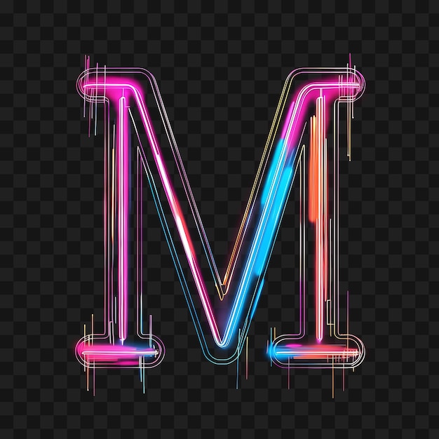 Alphabet letter m festooned with branching neon streaks complemented y2k collage glow outline art
