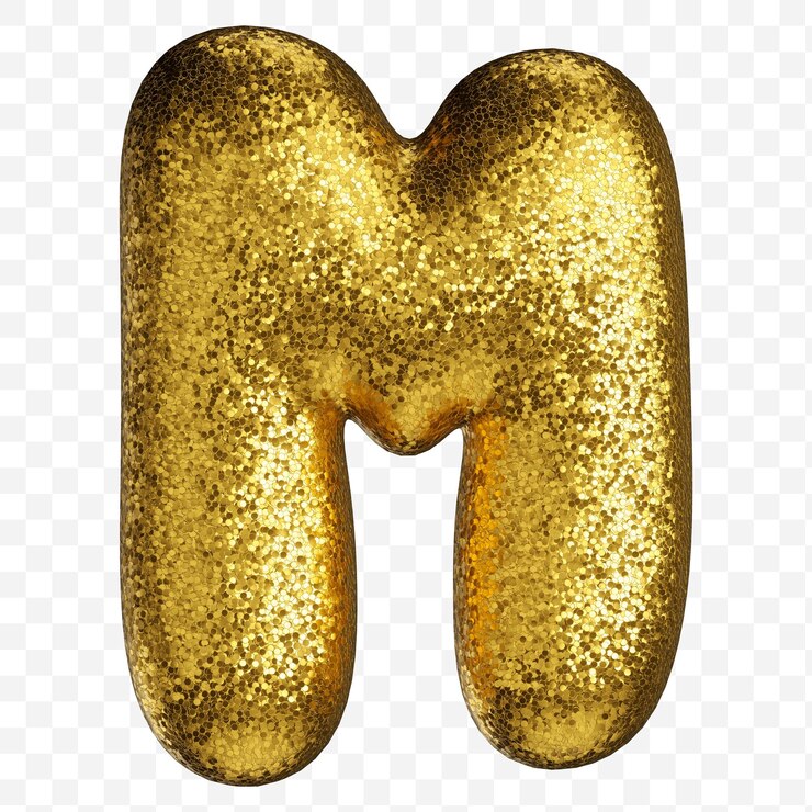 PSD alphabet letter m made of golden glitter paper isolated on transparent background