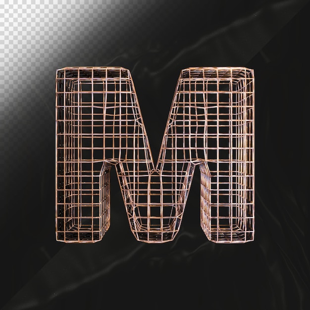 PSD alphabet letter m uppercase metallic wire frame font made of realistic texture 3d render isolated