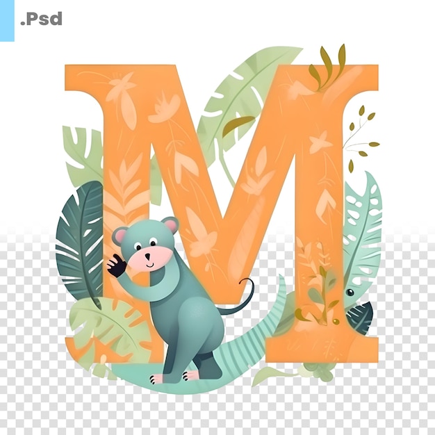 PSD 귀여운 만화 쥐 잎과 글자 psd 템플릿이 있는 알파벳 문자 m
