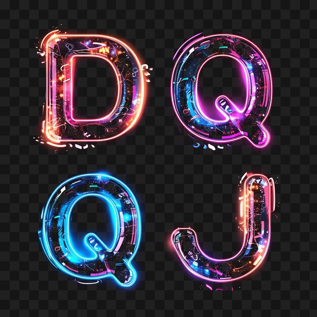 Буква q украшена мерцающим неоновым пузырьком внутри матча y2k collage glow outline art