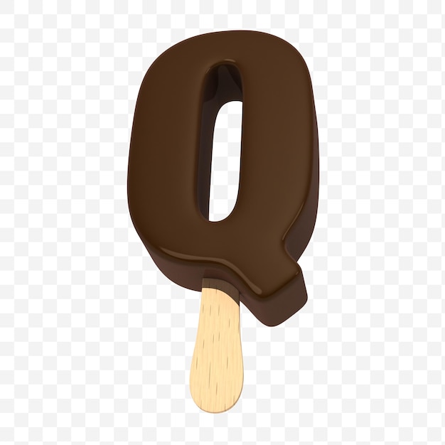 Lettera dell'alfabeto q fatta di gelato ricoperto di cioccolato su un'illustrazione 3d del bastone isolata