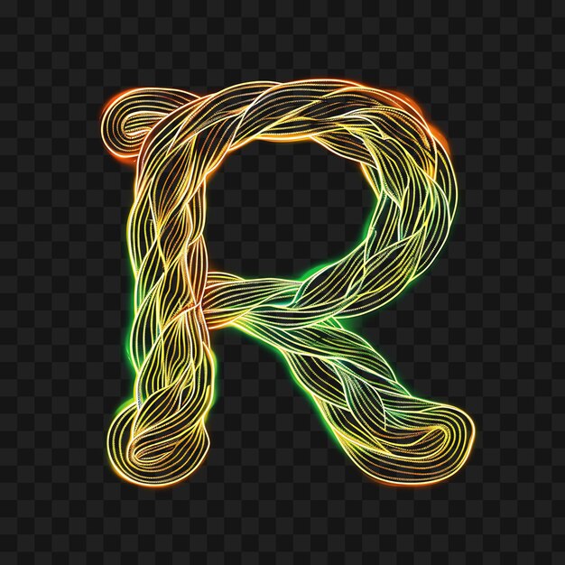 Alphabet letter r trimmed with braided neon wires with thin italic fo y2k collage glow outline art