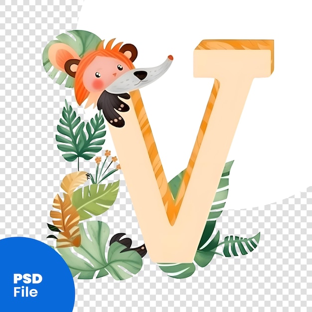 PSD lettera v dell'alfabeto con riccio simpatico cartone animato e foglie tropicali. illustrazione vettoriale. modello psd