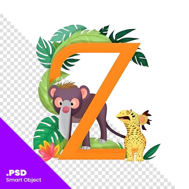 PSD alphabet letter z with cute cartoon animals and tropical plants vector illustration psd template