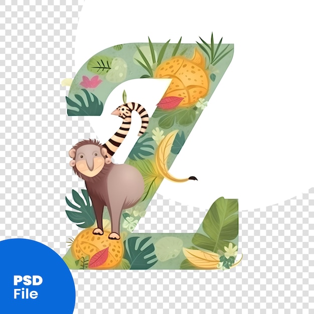 Alphabet letter Z with cute hedgehog and tropical leaves Vector illustration PSD template