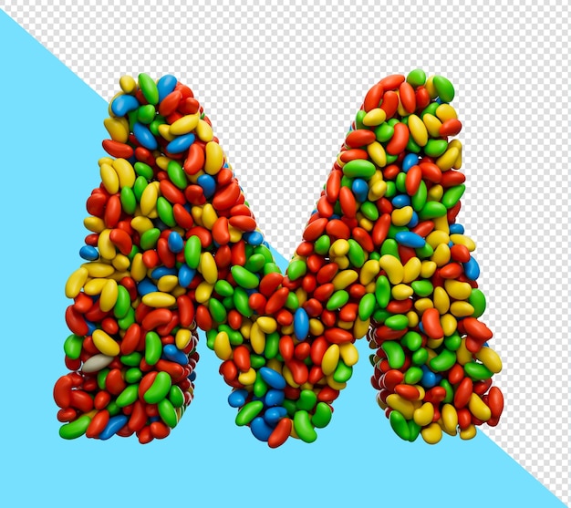 PSD alfabeto m fagioli di gelatina colorati lettera m arcobaleno caramelle colorate jelly beans 3d illustrazione