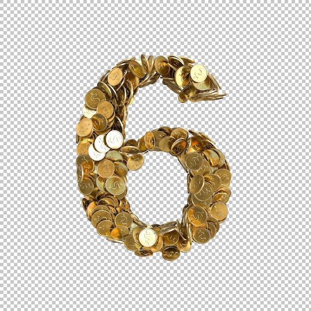 Alfabeto realizzato con monete d'oro su sfondo trasparente