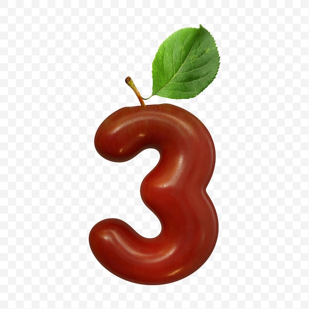 Alphabet number 3 made of red apple isolated PDS file