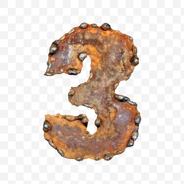 Alphabet number 3 made of weld rusty metal sheet isolated pds file