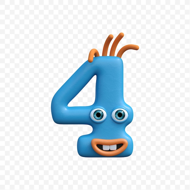 Alfabeto numero 4 fatto di divertente personaggio dei cartoni animati sorridente su sfondo isolato