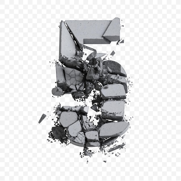 PSD alphabet number 5 made of broken concrete block 3d illustration isolated