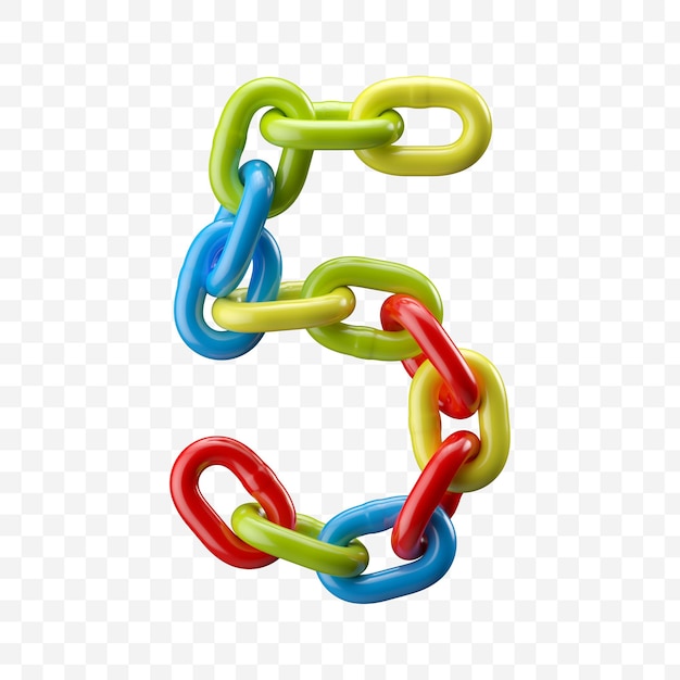 Alphabet number 5 made of colored chain. 3d illustration isolated