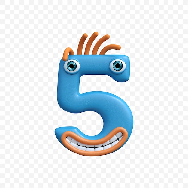 PSD alphabet number 5 made of funny smiling cartoon character on isolated background