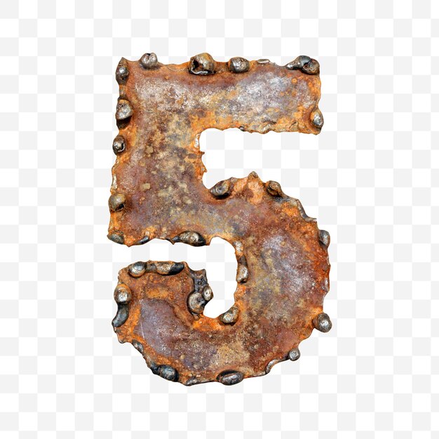 Alphabet number 5 made of weld rusty metal sheet isolated pds file