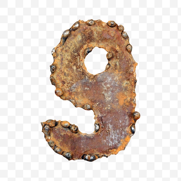 Alphabet number 9 made of weld rusty metal sheet isolated pds file