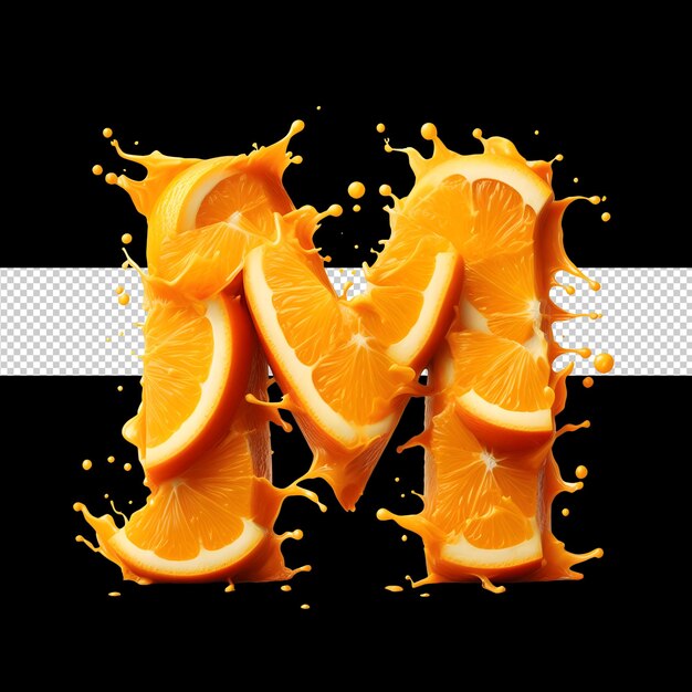 PSD alphabet oranje met oranje splash vers oranje sinaasappelsap gegenereerd door een kunstmatige intelligentie