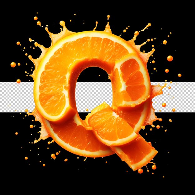 PSD alphabet oranje met oranje splash vers oranje sinaasappelsap gegenereerd door een kunstmatige intelligentie