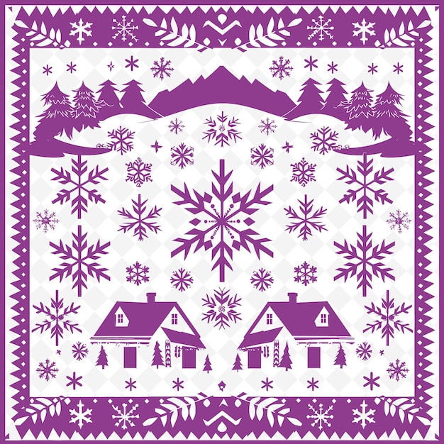PSD alpine chalet outline met skipatroon en sneeuwvlokken det illustratie decor motifs collection