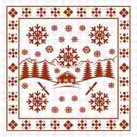 PSD alpine chalet outline with skiing pattern and snowflake det illustration decor motifs collection