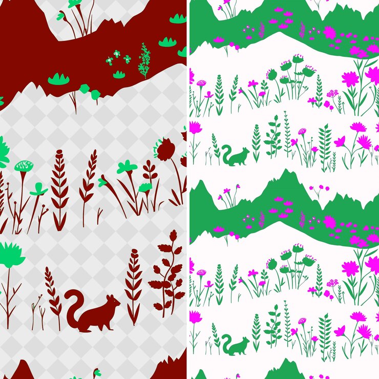 PSD alpine meadow patterns with wildflower marmot and mountain s png traditional abstract designs