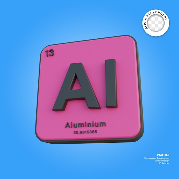 PSD aluminium chemical element periodic table 3d render