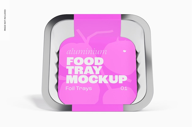 Aluminium food tray with label mockup, front view