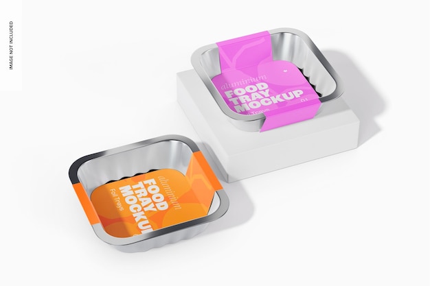 Aluminium Food Tray with Label Mockup, On Podium