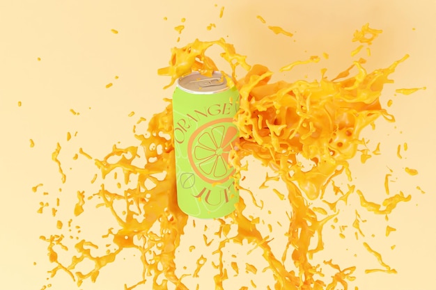 PSD aluminium soda can with yellow water splash mockup